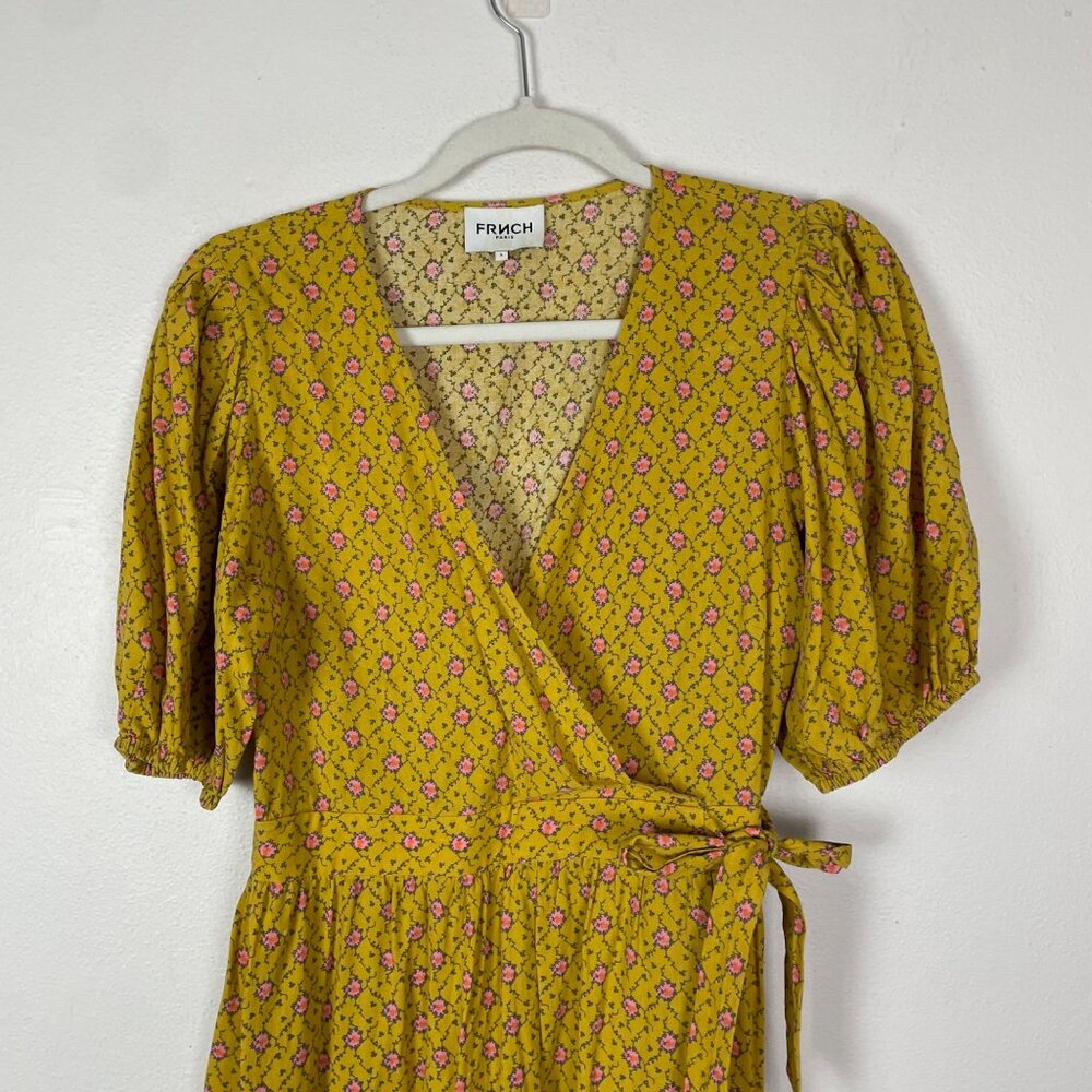 Frnch Paris Yellow Floral Wrap Midi Dress S V-Neck Puff Sleeves Cinch Waist Tie - Picture 3 of 10